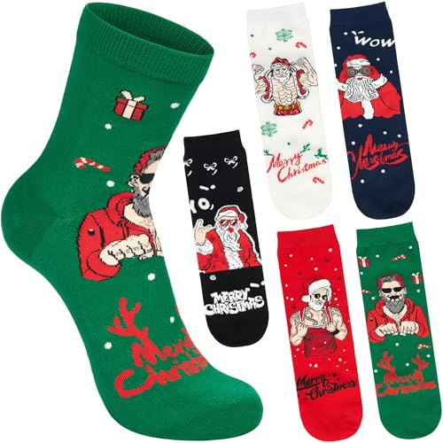 BRUBAKER 5 Par Julsockor för Herrar - Tatuerad Jultomte och Muskulös Santa - Roliga och Bekväma Herrstrumpor för Julen - Färgglada Bomullstrumpor - Perfekt Present till Män - Storlek 41-45