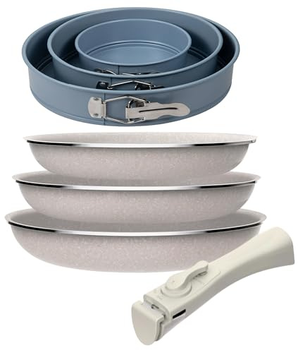 Juego de 3 sartenes San Ignacio Ø18Ø20Ø24cm aluminio prensado, antiadherente con mango extraíble+Juego de 3 moldes de horno redondos Ø12Ø18Ø22cm