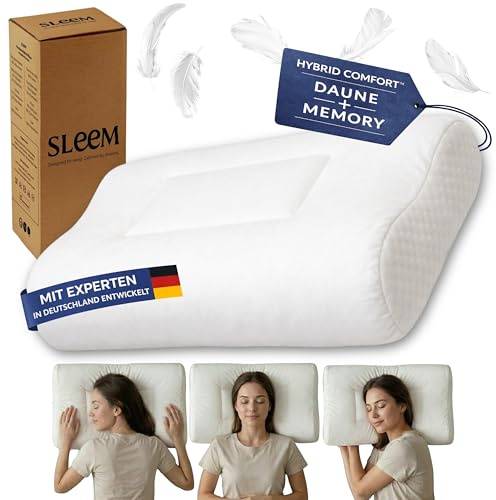 Sleem® Hybrid Nackenkissen – Ergonomisches Nackenstützkissen mit Memory Foam Kern & Daunenkomfort, höhenverstellbar, beidseitig nutzbar, für Seiten- & Rückenschläfer