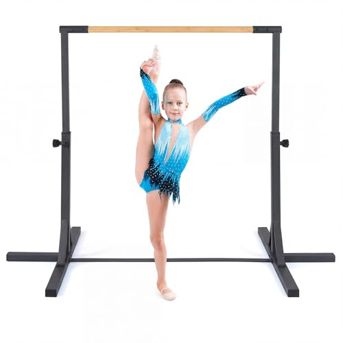 GYMAX Barre de Gymnastique pour Enfants, Hauteur Réglable 85 à 145 cm, Barre Robuste en Bambou, Cadre en Métal, Base Antidérapantepour Entraînement de Gym, Charge 65 kg
