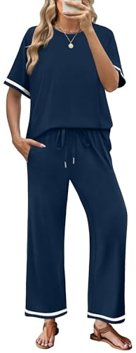 Desol Women’s Two Piece Outfits Summer Co ord Sets Short Sleeve Casual Tracksuit Lounge Wear Set with Pockets Navy Blue Size 18 20