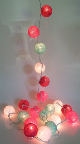 GURU SHOP Stoff Ball Lichterkette, 20`er LED Kugel Lampion Lichterkette - Türkis/weiß/rot, 7x7x350 cm
