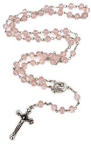 Nazareth Store Hellrosa Kristallperlen Rosenkranz Katholische Halskette Heilige Bodenmedaille & Kruzifix - Samttasche