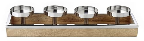 EDZARD Adventskerzenhalter Lille (Höhe 9 cm, Länge 45 cm), Mangoholz und Stahl vernickelt, für 4 Stumpenkerzen ø 8 cm