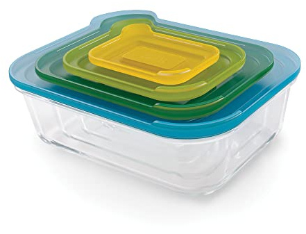 Joseph Joseph Nest Glasaufbewahrung – 4-teiliges kompaktes Glas-Lebensmittelbehälter-Set, 130 ml bis 2,5 l, gefrierschrank-, ofen- und mikrowellenfest, BPA-frei – mehrfarbige Deckel