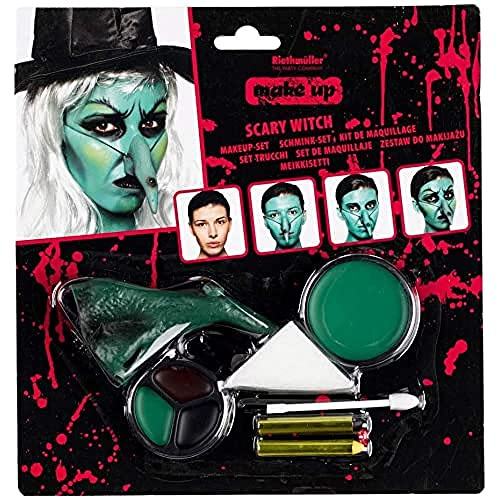 Amscan 9901242 - Make-Up Set Hexe, 9-teilig, Schminkfarben, Schminke, Hexennase, Karneval, Halloween
