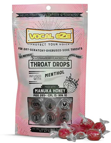 Vocal Eze Manuka Honey Strawberry Menthol Cough Drops (20) | Lozenges to Relieve Sore, Hoarse, Fatigue, Dryness of Throat | Voice Support, All Natural and Organic Ingredients UMF 10+ (MGO 265+)