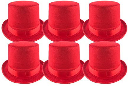 Pack 6 Sombrero chistera de Copa Rojo de Fieltro Satén Gorro de Ronda Mago con Cinta de Raso Accesorios del Traje de Fiesta