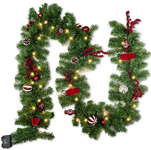 FUNPENY 9 FT Artificial Christmas Garland, Pre-Lit 50 LED Battery Operated Lighted Xmas Garland with 8 Modes for Indoor Holiday Door Home Decorations (Red)
