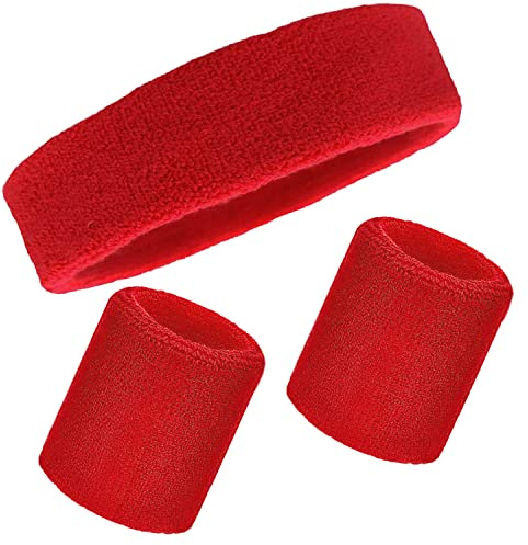 Sweatband Set Wristbands Headbands 3 Pieces Wrist Men Women Sweat Bands for Running Exercise Gym Sports Tennis Basketball Moisture Wicking(Wristbands 3.15 * 3.15 inch)(3PCS-Red)