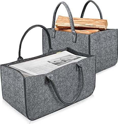 Aufun 2x Sac en Feutre, XL Bois de cheminée en Feutre avec poignée de Transport Panier de Rangement, Jouets, Journaux, Faire du Shopping(50 x 25 x 25 cm, Gris clair)