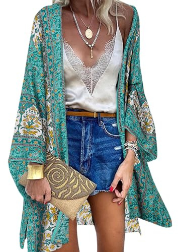 ZANZEA Dam blomtryck kimono kofta boho strandklänning pareos poncho sommar strand bikini täcka upp, A-boho 1 grön, S