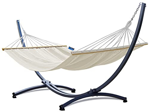 Potenza Outdoor Hängematte mit Gestell für 2 Personen I Stabhängematte XXL 220x160, 200kg I Verzinkter Hängemattengestell 220kg Wetterfest (Ecru, Basic Gestell Graphit)
