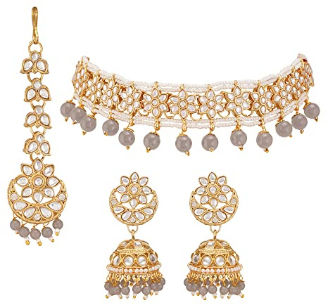Jwellmart Gold Plated Faux Kundan Pearl Bridal Wedding Choker Necklace Earrings Tika Combo Set Bollywood Party Traditional Fashion Indian Jewelry Jewellery Set for Women (Grey)