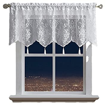 Yurosiay Vit spets, fönstergardiner, kort gardin, kök med tofsar, lantlig stil, bistrogardin, spets, vintage, halvtransparenta blommor, spetsar, korta gardiner, 132 x 45 cm