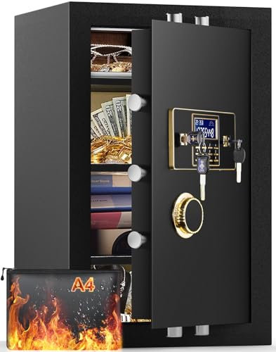 Cuft 4.1 Cassaforte extra large impermeabile ignifugo con borsa per documenti ignifuga, 2 ripiani rimovibili, armadietto con serratura, antifurto LCD digitale, sicurezza domestica antincendio denaro