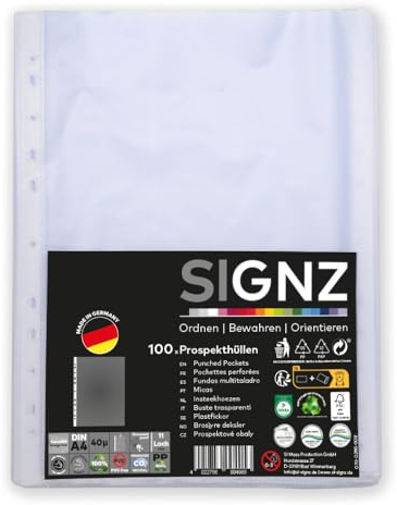 SIGNZ Prospekthüllen (DIN A4, 40 my), 100 Stück, genarbt, CO2-neutral hergestellt, made in Germany