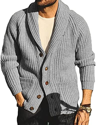 Runcati Cárdigan de Punto Grueso para Hombre Chaqueta Cuello Chal Punto de Cable Suelto Cuello en V Prendas de Punto Ropa Exterior, gris, L