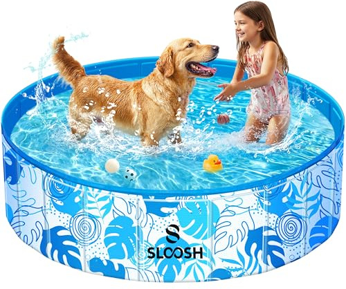 SLOOSH Foldable Dog Kiddie Pool - Portable Hard Plastic Kids Doggie Swimming Pool, Anti-Slip Thick PVC Collapsible Pets Cats Whelping Box Puppy Bathtub (48 x 12)