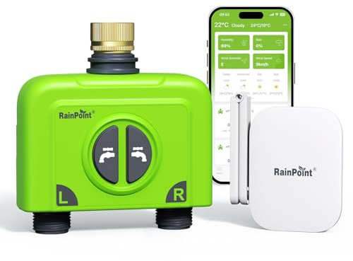 RAINPOINT Bewässerungscomputer WLAN 2 Ausgänge mit Antennen-Gateway und Messingeinlass Smart Bewässerungssteuerung mit APP/Sprachsteuerung IP65 Garten Automatische Bewässerungssystem, 2x6 Zeitplänen