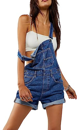 LYSINK Women Denim Bib Overalls Adjustable Straps Pocket Romper Shorts Casual Straight Leg Rolled Cuff Shortalls Romper (Ba Blue, S)