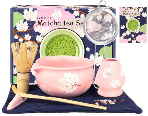 Matcha Whisk Set,7 PCS Matcha Set Inclded Ceramic Matcha Bowl, Whisk and Holder,Bamboo Scoop, Scoop Rest, Sifter and Tea Towel,Pink Matcha Kit as Gifts for Macha Lover and Tea Ceremony