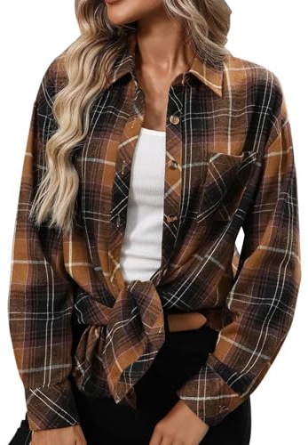 Womens Flannel Shirts, Ladies Tartan Checked Plaid Jackets Long Sleeve Button Down Blouses Tops Casual Smart Shirts Outfits Shackets Jacket with Pockets