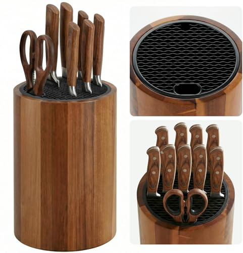 Ninonly Universal Knife Block Holder, Round Wooden Countertop Knife Block Without Knives, Acacia Wood Knife Storage for Kitchen Steak Knives, Scissors & Sharpening Rod