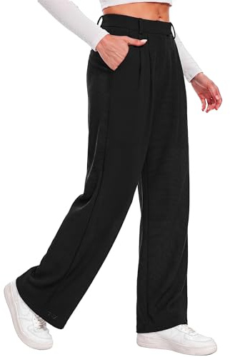 Litherday Wide Leg Trousers for Women Casual Palazzo Pants Bottoms S-XXL | Soft Waffle High Waisted Ladies Trousers Elegant Pleated Bottoms with Pockets No Zipper Office Daily Wear Business Casual