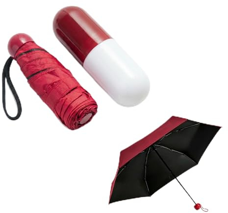 Mini Red Capsule Folding Umbrella, Compact Folding Travel Sun & Rain Umbrella with UV Protection, Portable Pocket Umbrella with Matching Capsule Case for Backpack Handbag Women Men Daily Use