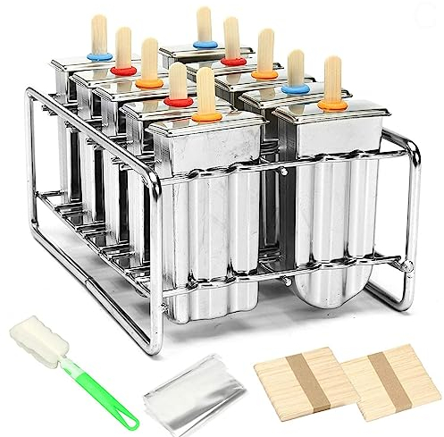Juego de 10 moldes de acero inoxidable para helados o polos helados, perfectos para usar en el interior y en el exterior