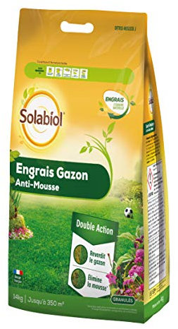 SOLABIOL Engrais Gazon - Sac 14 Kg - Jusqu'à 350m² - Double Action Reverdit Le Gazon & Élimine La Mousse - Formulation En Granulés Limite La Poussière & Facilite L'Application SOGAZMOU350
