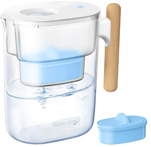 Waterdrop PT-04C-A Alkaline Water Filter Pitcher, 10-Cup Capacity, Healthy, Clean & Toxin-Free Mineralized Alkaline Water, Up to pH 9.5, BPA-Free, 100 Gallons, Sturdy Wooden Handle, Clear