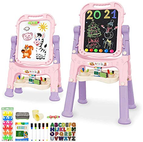Mojitodon Art Easel for Kids, Adjustable Standing Rotatable Double Sided Easel with Painting Accessories for Toddlers Boys and Girls-Pink