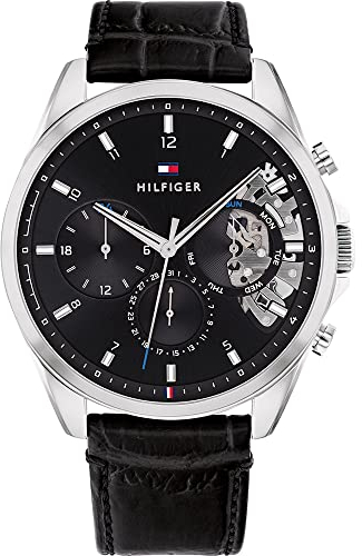 Tommy Hilfiger Multi Zifferblatt Quarz Uhr für Herren mit Schwarzes Lederarmband - 1710449