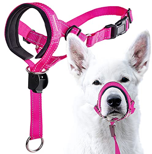 GoodBoy Dog Head Halter with Safety Strap - Stops Heavy Pulling On The Leash - Padded Headcollar for Small Medium and Large Dog Sizes - Head Collar Training Guide Included (Size 3, Pink Nylon)