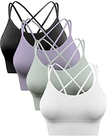 Sykooria Sport-BH dam, vadderad bustier, dambehå utan bygel, spagettiband, korsad rygg, design, push up bh, sportbh, topp för yoga, fitness, A-svart + violett + grön + vit, XL