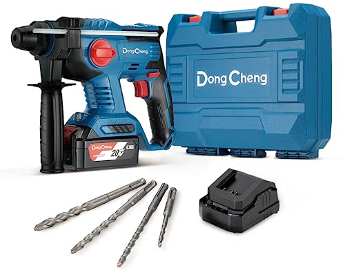 DongCheng Martillo perforador sin cable 18V, energía de impacto 2,1 J, 4 piezas SDS-plus, perforación hasta 28 mm, motor de percusión sin escobillas empuñadura antivibración baterías 4Ah y cargador 2A