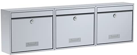 BASI Briefkasten 3er Set | Wandbriefkasten aus Stahl | Farbe Silber | mit Namensschild | Zylinderschloss mit 2 Schlüssel | inkl. Befestigungsmaterial | Briefkastenanlage | 3 Stück