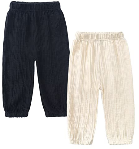 Pack de 2 unidades de pantalones unisex para bebé, de verano, de algodón y lino, ligeros, transpirables, antimosquitos, joggers, casuales, negro y blanco, 110