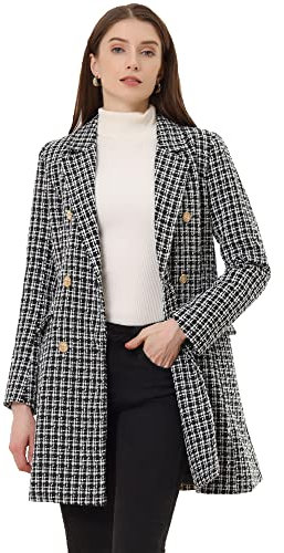 Allegra K Manteau en Tweed Femme Caban à Carreaux Vintage Blazer Long à Revers Cranté Élégant Trench Coat d'Hiver Manteau à Double Boutonnage de Bureau Noir S
