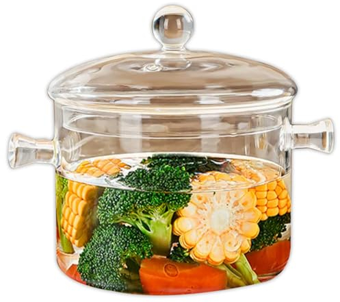 Glas Topf, 1.9L/64 OZ hitzebeständiger Glas Kochtopf mit Deckel, Klarglas Simmer Topf für Kochen auf Herd