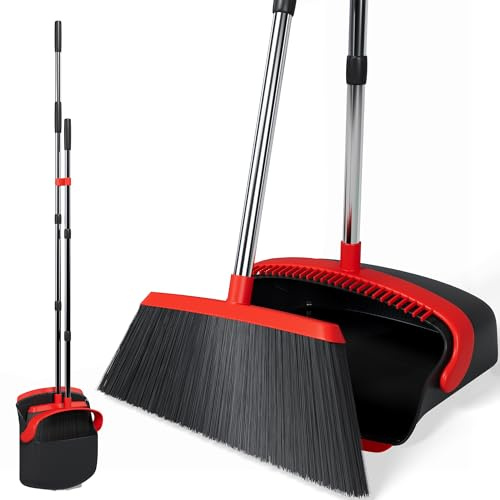 REXO - 55 Adjustable Long Handled Dustpan And Brush Set. Ergonomic Tall Standing Dustpan Brush Set With Long Handle, Lobby Broom For Everyday Sweeping (Red, Black)