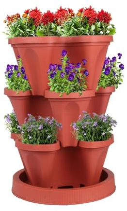 VIGOEXPRESS Pflanzturm mit stapelbaren Pflanzgefäßen, 3-stöckiger vertikaler Garten für Gemüse, Erdbeeren, Kräuter und Blumen, geeignet für innen und draußen (Rot)