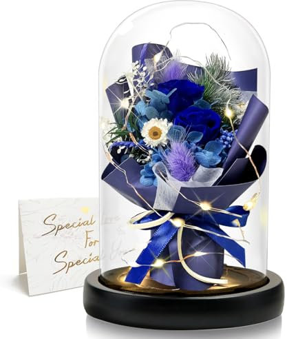 DINGHENG Cadeau pour femme - Rose éternelle dans un verre avec LED - Bouquet de roses bleues - Décoration de la maison - Véritables fleurs durables pour maman, petite amie, épouse, grand-mère (bleu)