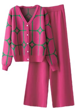 Donna Geometria Maglia Cardigan Maglione Gambe Larghe Pantaloni Completi Lavorato A Maglia Due Pezzi Set, Rosso, Taglia unica