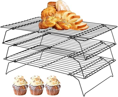 Umllpet Abkühlgitter Stapelbar, 3-Stöckiges Edelstahl Kuchengitter Auskühlgitter Set, Antihaftend 40×25cm Kuchengitter, Edelstahl Kuchenauskühler Stapelbar Kuchengitter für Kekse, Cupcake, Grillen