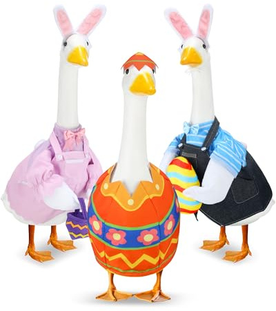 Geyoga 3 Set Easter Goose Outfits Porch Goose Costume Pink Blue Yellow Gardener Goose Dress Easter Couple Goose Costume 23 Inch Tall Garden Goose Outfits for Spring Garden Patio Yard Outdoor Decor