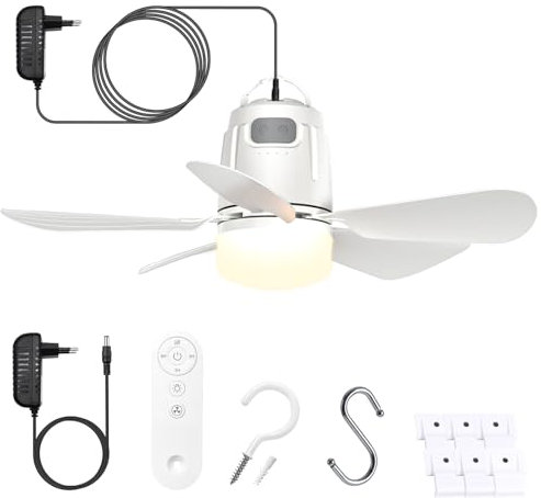 Gliztech 50cm Ventilateur Plafond Avec Lumiere Prise 5m et Télécommande, Silencieux et économe en énergie Adapté Pour la Chambre, la Terrasse, le Parasol, l'atelier, la Tonnelle, le Auvent, le Campi