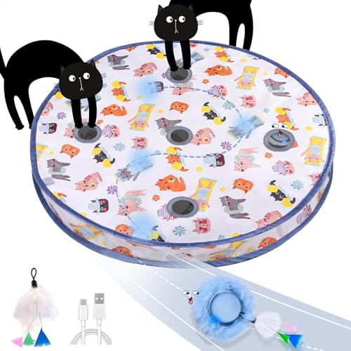 GoldenSun Balle Jouet pour Chat, Balle Mobile Activée par Le Mouvement, Tapis de Jeu pour Attraper la Souris Bleu, Jeu de Cache-Cache à 5 Trous pour Chats d'intérieur